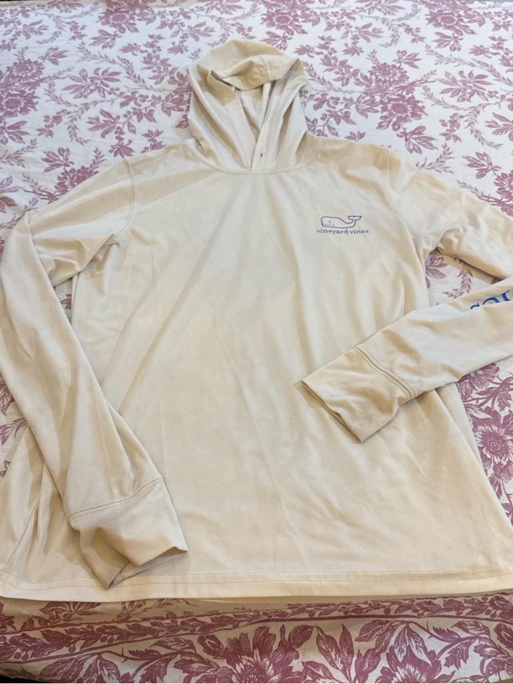 Vineyard Vines Cream Long Sleeve Hooded Tee with Blue Logo XS